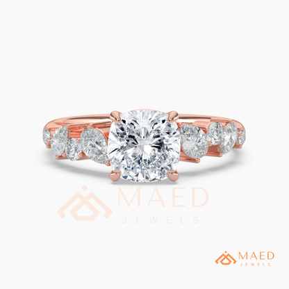 Cushion Cut Engagement Ring with Pear Accent Band in Silver, 14K Gold, & 14K Rose Gold