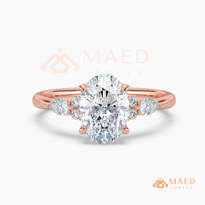 Oval Cut Engagement Ring with Pear and Round Cluster Band in Silver, 14K Gold, & 14K Rose Gold