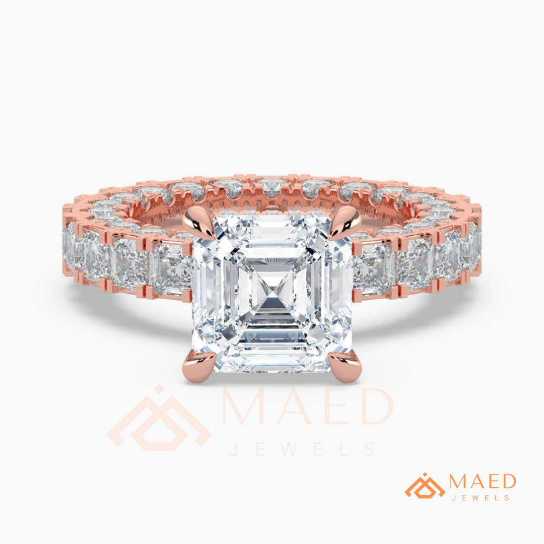 Classic Asscher Cut Solitaire Engagement Ring with Eternity Band Shank in Silver, 14K Gold & Rose Gold