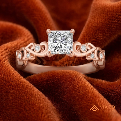 Enchanted Princess Cut Scroll Diamond Simulant Ring in 14K Yellow Gold, Rose Gold & Silver