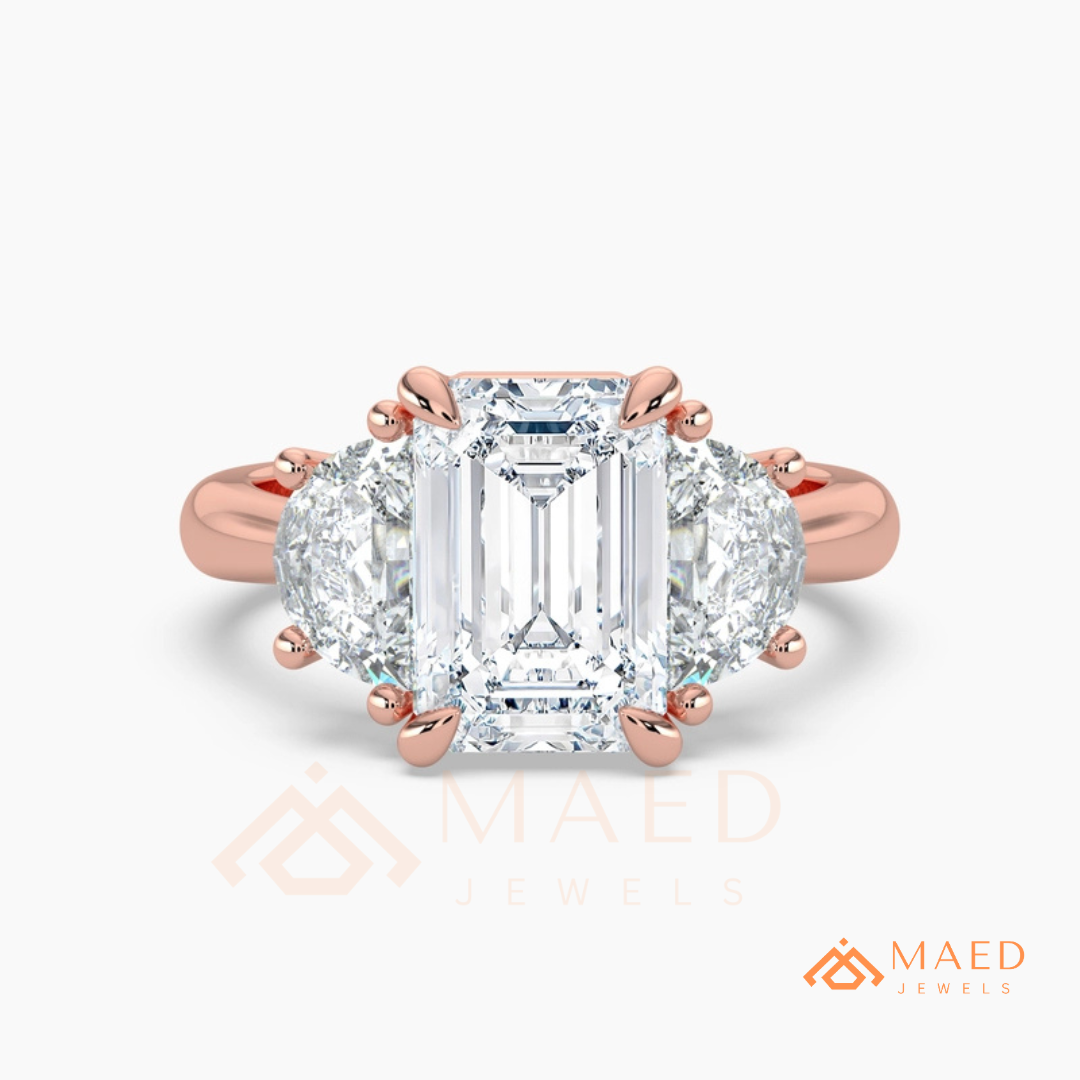 Emerald Cut Three Stone Engagement Ring | Half Moon Side Stones in 14K Gold & Silver
