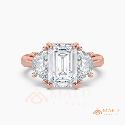 Emerald Cut Three Stone Engagement Ring | Half Moon Side Stones in 14K Gold & Silver