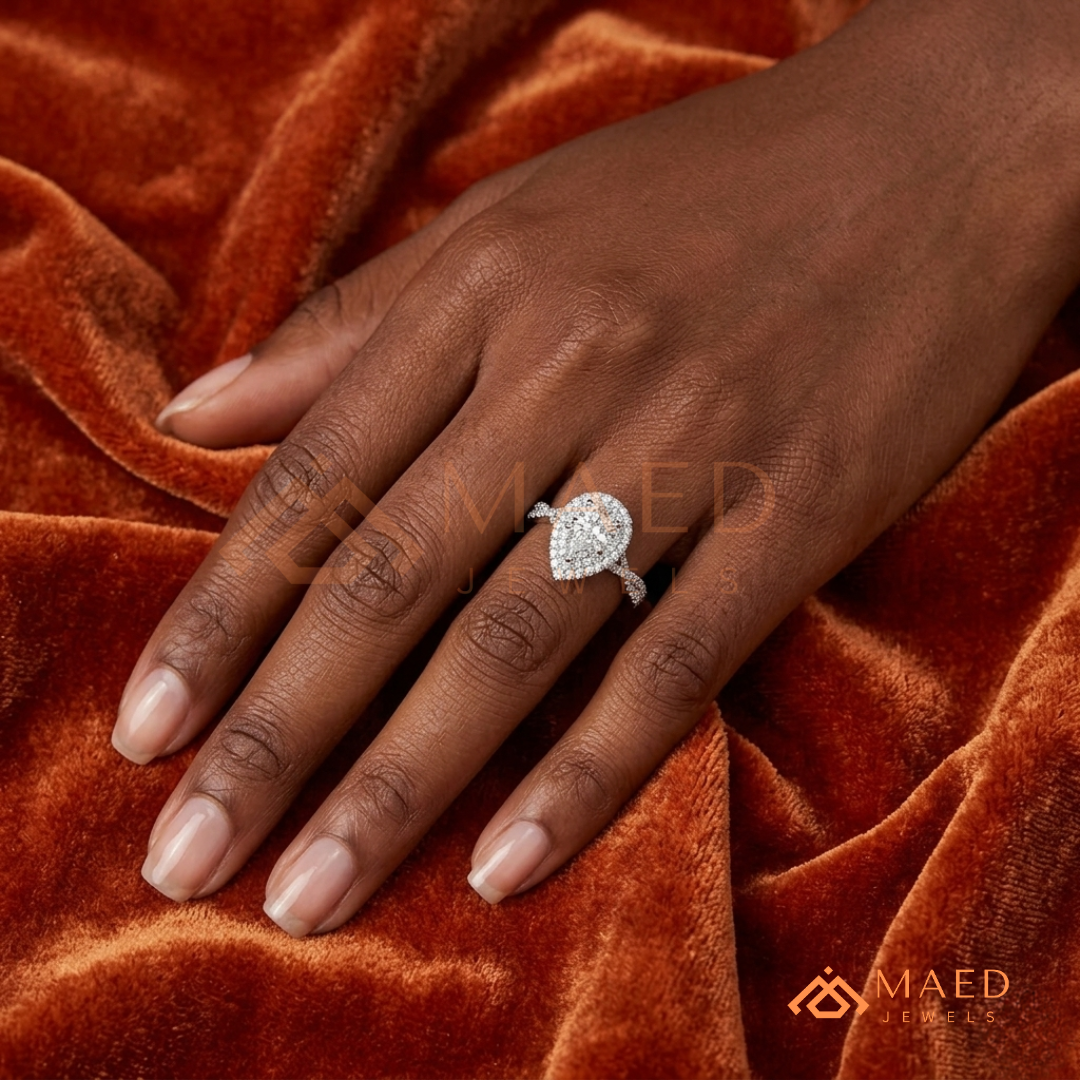 Pear Cut Halo Engagement Ring with Twisted Pavé Band – Sterling Silver, 14K Gold, or 14K Rose Gold