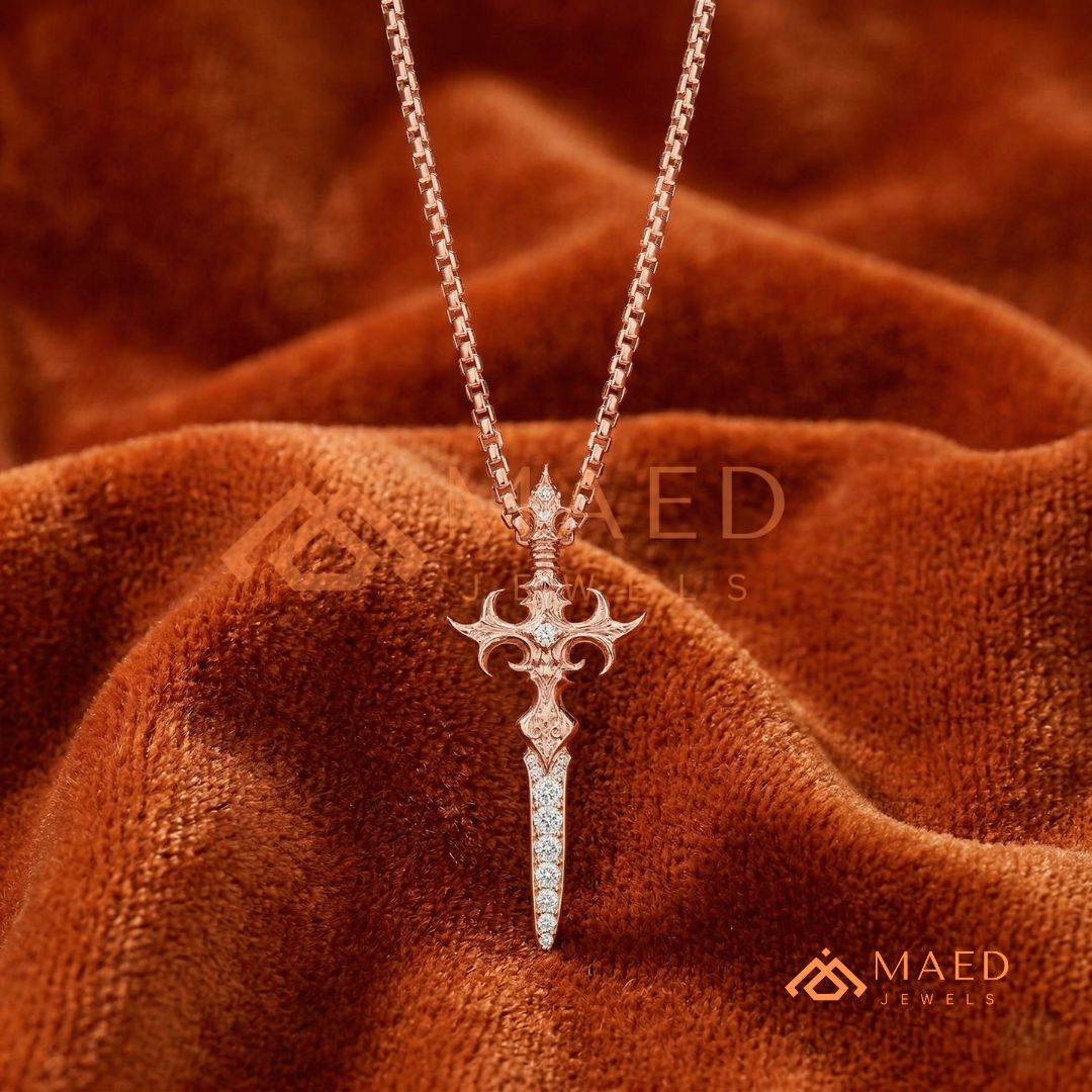 Gothic Dagger Cross Pendant Necklace in Sterling Silver, 14K Gold & Rose Gold
