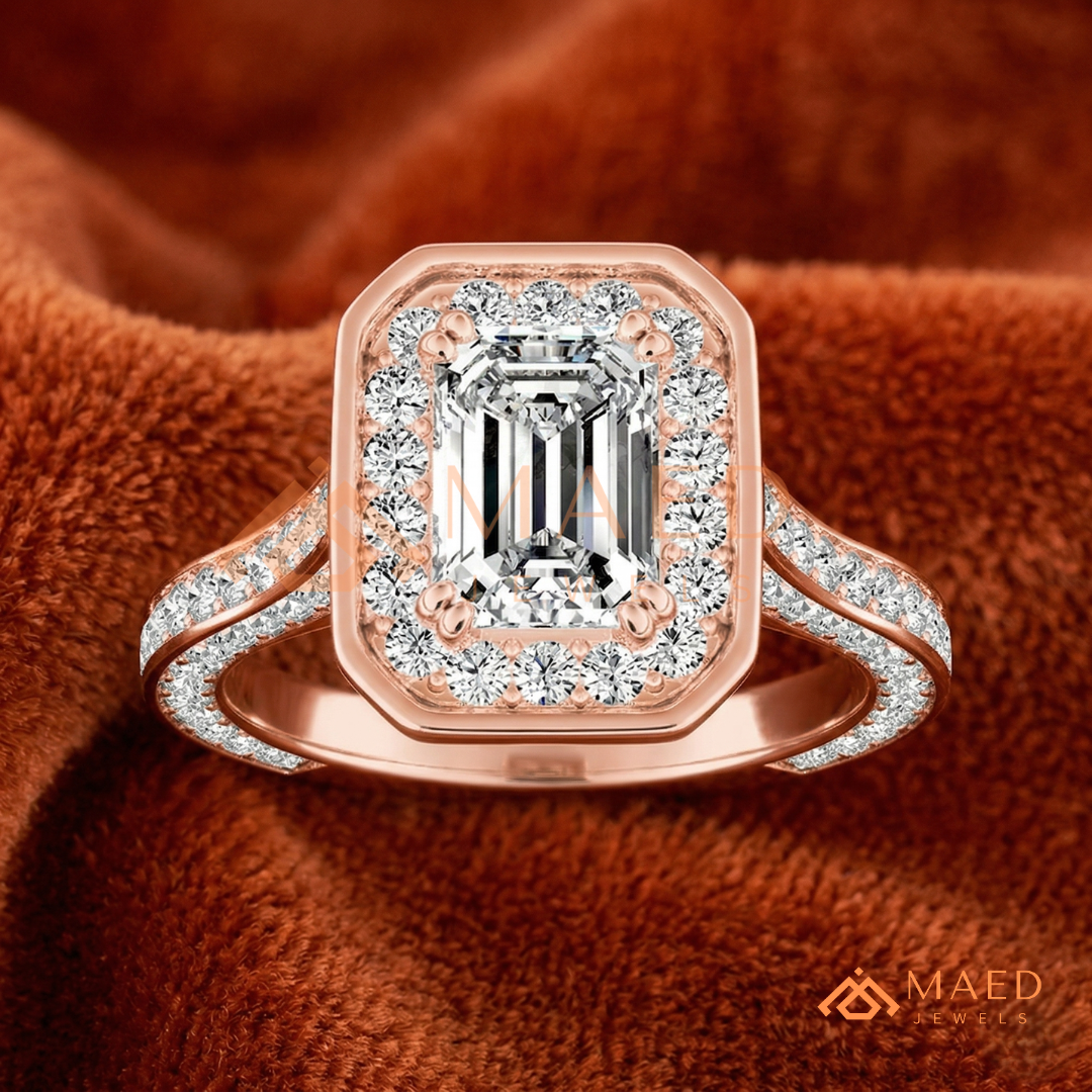 Art Deco Emerald Cut [Gemstone Type] Bezel Halo Ring in 14K Yellow Gold, Rose Gold & Silver