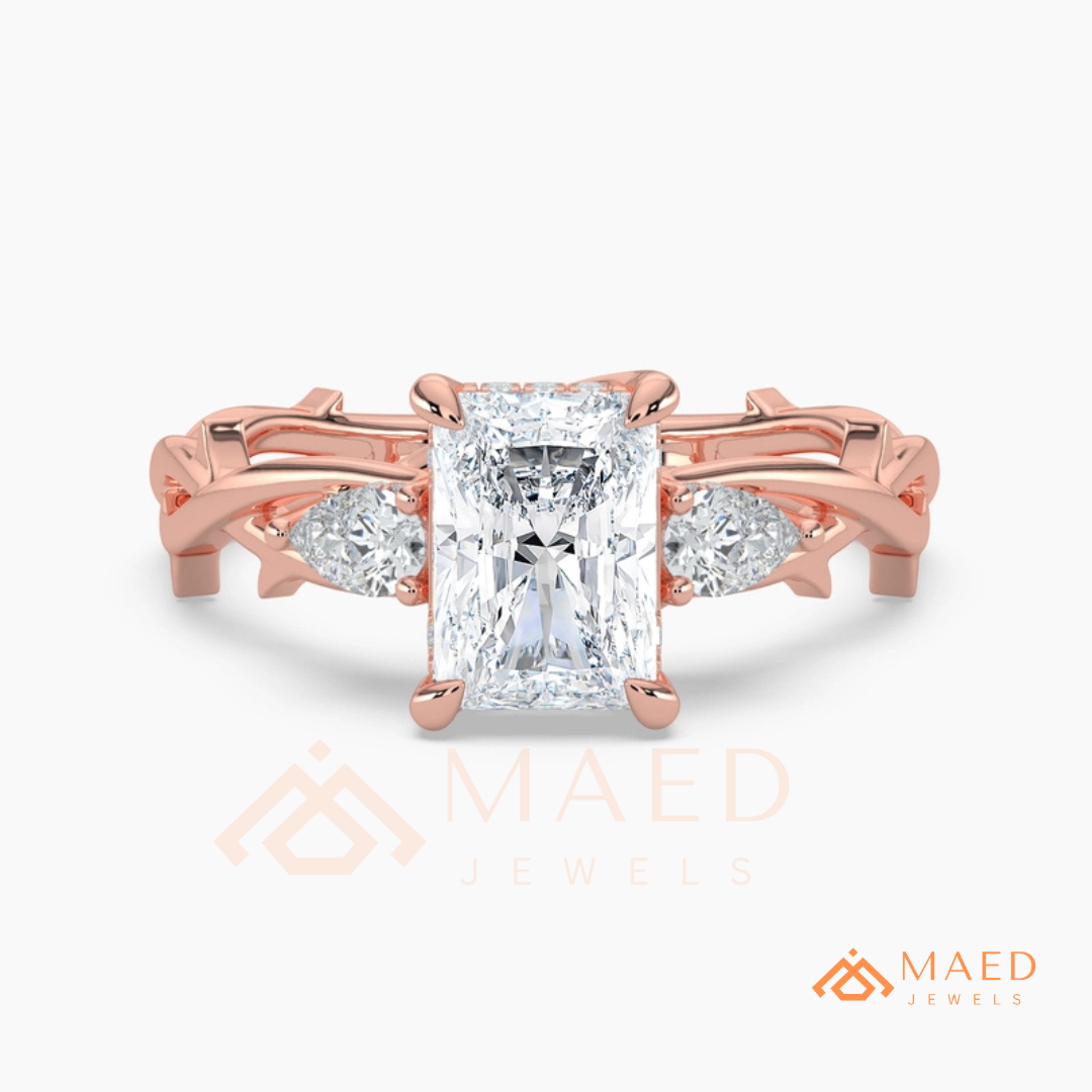Nature-Inspired Radiant Cut Three-Stone Engagement Ring in Silver, 14k Gold, Rose Gold & Rose Gold