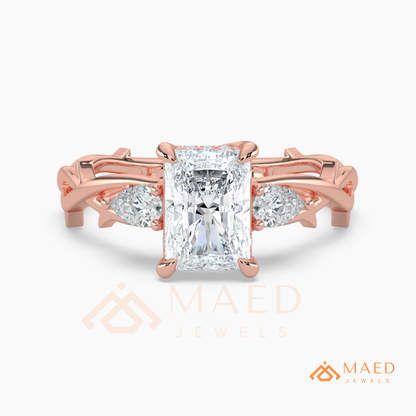 Nature-Inspired Radiant Cut Three-Stone Engagement Ring in Silver, 14k Gold, Rose Gold & Rose Gold