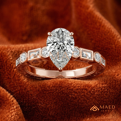 Vintage Pear Cut Multi-Stone Engagement Ring | 14K Gold, Rose Gold & Silver