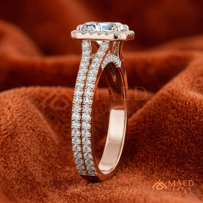 Radiant-Cut Halo Engagement Ring with Split-Shank Pavé Band