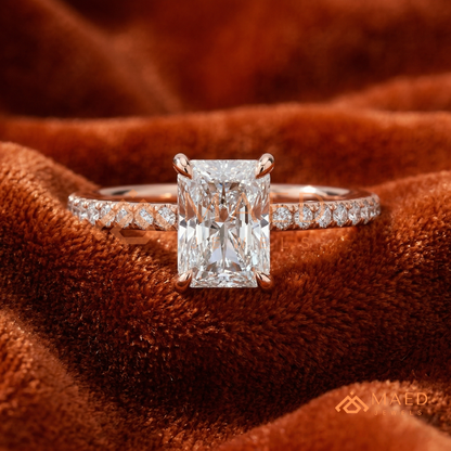 Radiant Cut Moissanite Engagement Ring in Sterling Silver, 14K White Gold & Rose Gold | Hidden Halo Diamond Band For Women