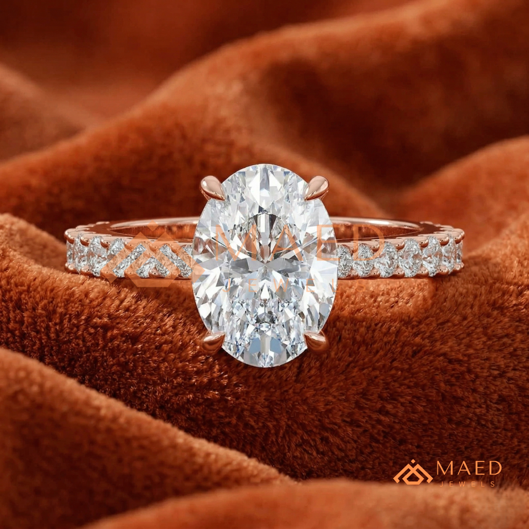 Oval Cut Engagement Ring with Shared Prong Band | 14k Gold, Rose Gold & Silver