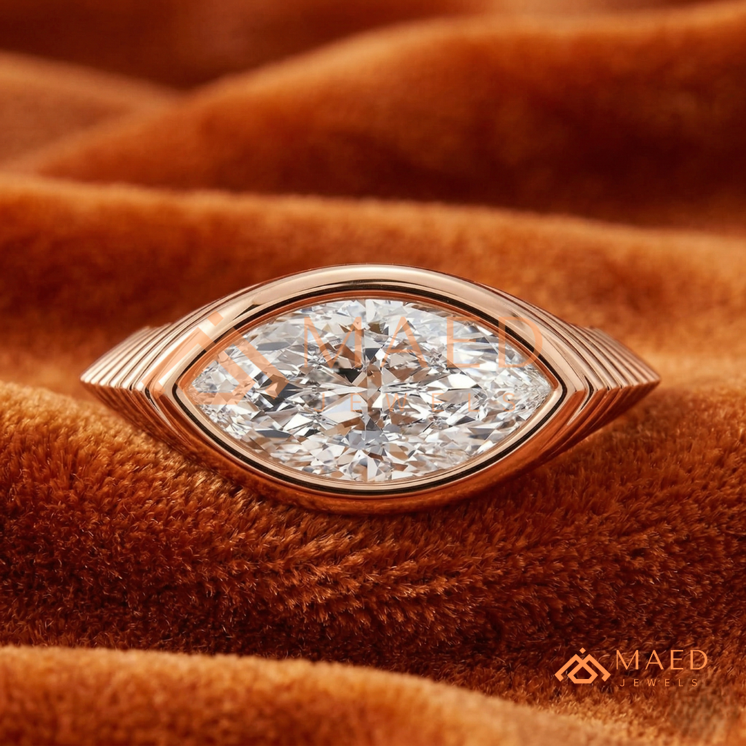 East-West Marquise Bezel Engagement Ring | Fluted Band in 14K Gold, Rose Gold & Silver
