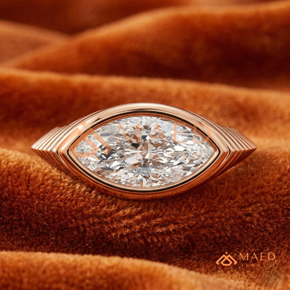 East-West Marquise Bezel Engagement Ring | Fluted Band in 14K Gold, Rose Gold & Silver