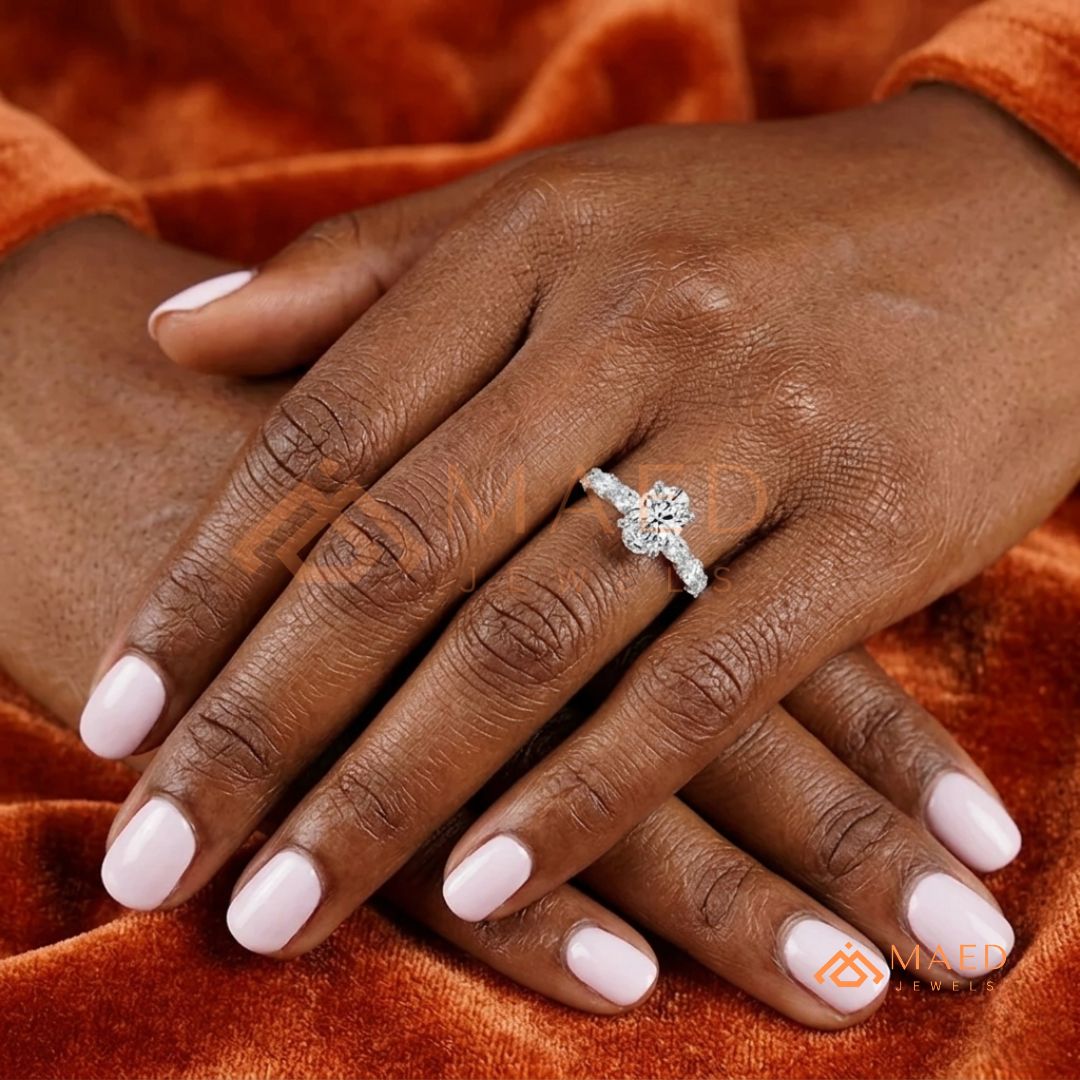 Oval Cut Engagement Ring with Large Round Accent Band | 14K Gold & Silver Shared Prong