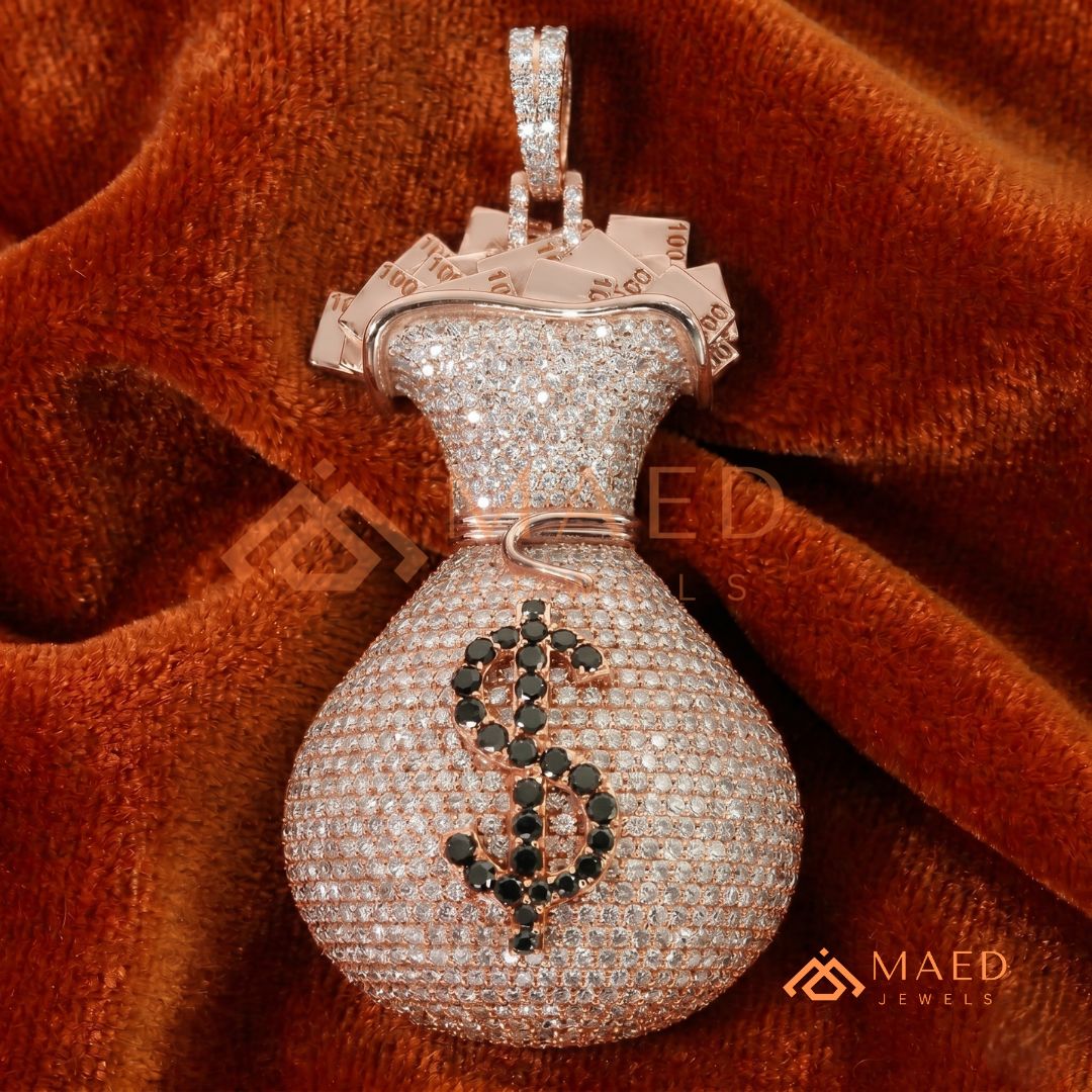 Iced Out Money Bag Pendant with Dollar Sign in Silver, 14K Yellow & Rose Gold