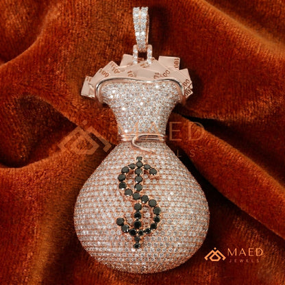 Iced Out Money Bag Pendant with Dollar Sign in Silver, 14K Yellow & Rose Gold