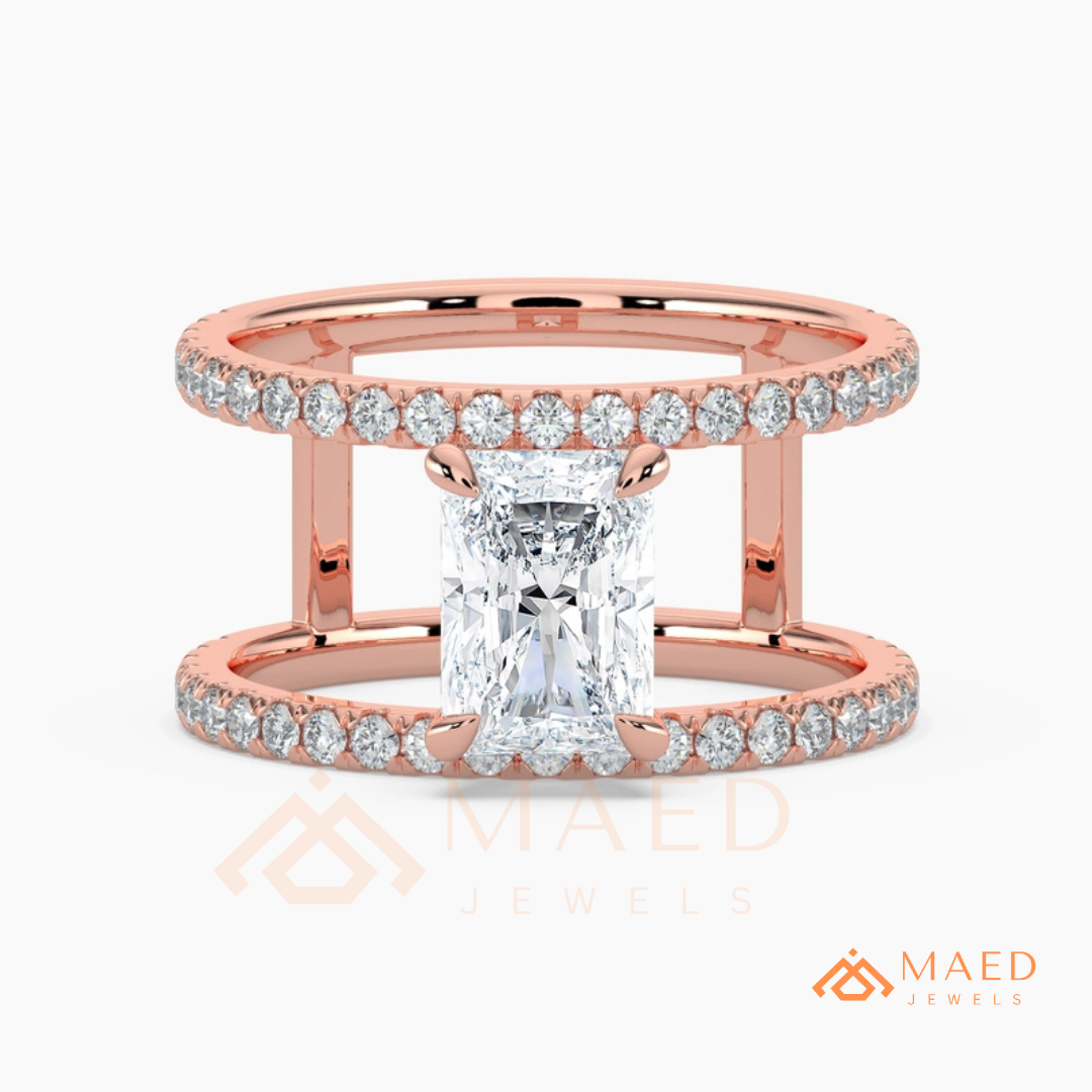 Radiant Cut Double Band Engagement Ring | Floating Open Spacer Pavé Cuff