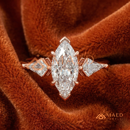 Marquise Cut Three Stone Ring with Kite Side Diamonds | 14k Gold, Rose Gold & Silver