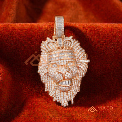 Iced Out King Lion Head Pendant – 14K Gold, Rose Gold & Silver Baguette Crown Hip Hop Charm