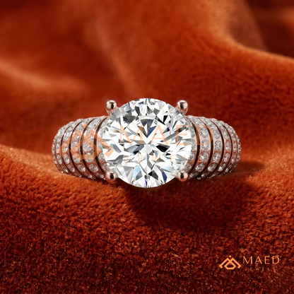 Round Cut Multi-Row Pave Engagement Ring in 14K Gold, Rose Gold & Sterling Silver | Wide Band Statement Cocktail Ring