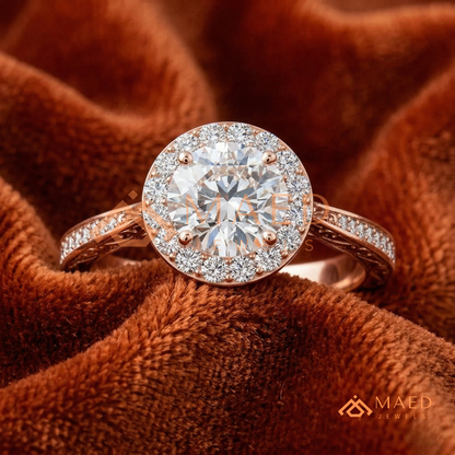 Vintage Milgrain Halo Diamond Simulant Ring in 14K Yellow Gold, Rose Gold & Silver
