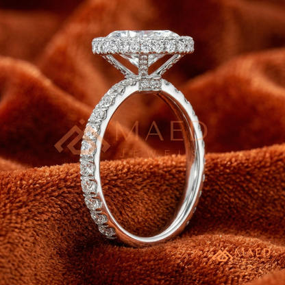 Oval Cut Halo Engagement Ring with Pavé Band in Silver, 14K Gold, & 14K Rose Gold