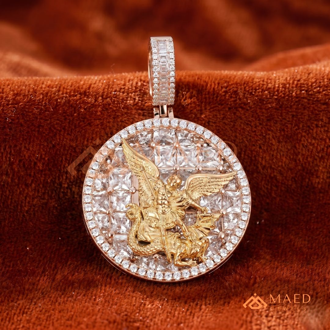 Saint Michael Medallion Pendant – Trillion Cut & Baguette Hip Hop Necklace