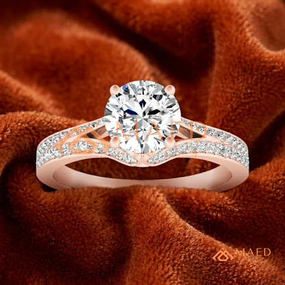 Round Brilliant Cut Split Shank Cathedral Engagement Ring in 14K Gold, Rose Gold & Silver | Vintage-Inspired Pave Accent Ring for Women