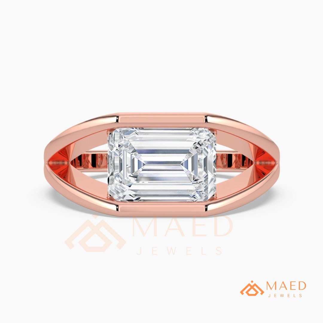 East West Emerald Cut Engagement Ring | Modern Architectural Bezel Ring | 14K Gold, Rose Gold & Sterling Silver