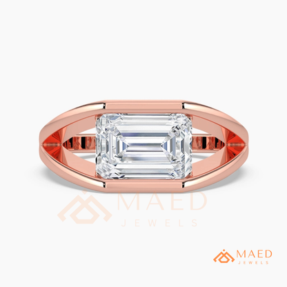 East West Emerald Cut Engagement Ring | Modern Architectural Bezel Ring | 14K Gold, Rose Gold & Sterling Silver