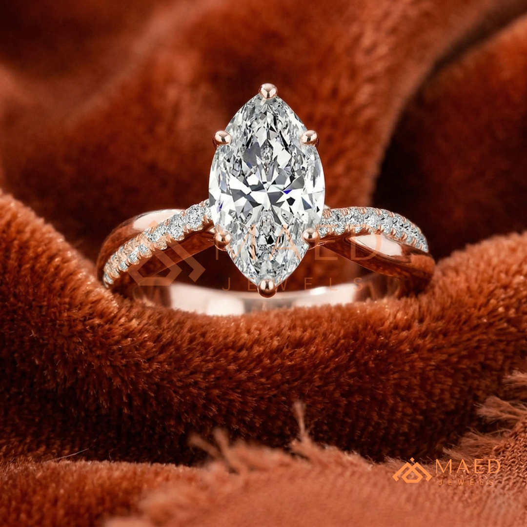 Marquise Cut Engagement Ring with Twisted Pavé Band | 14K Gold, Rose Gold & Silver