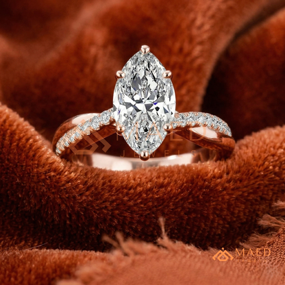 Marquise Cut Engagement Ring with Twisted Pavé Band | 14K Gold, Rose Gold & Silver