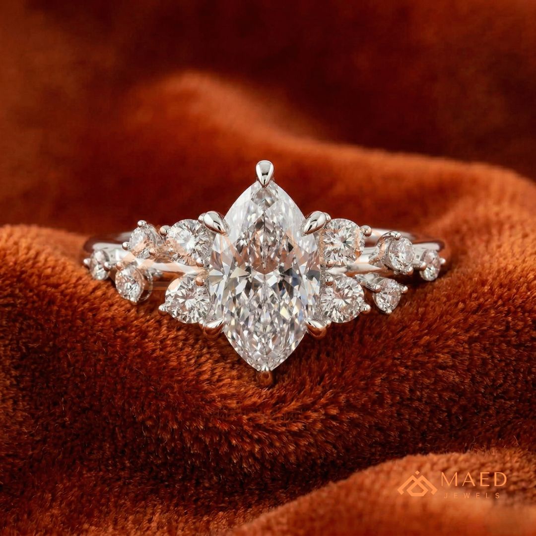 Vintage Marquise Cut Cluster Engagement Ring in 14K Gold, Rose Gold & Silver