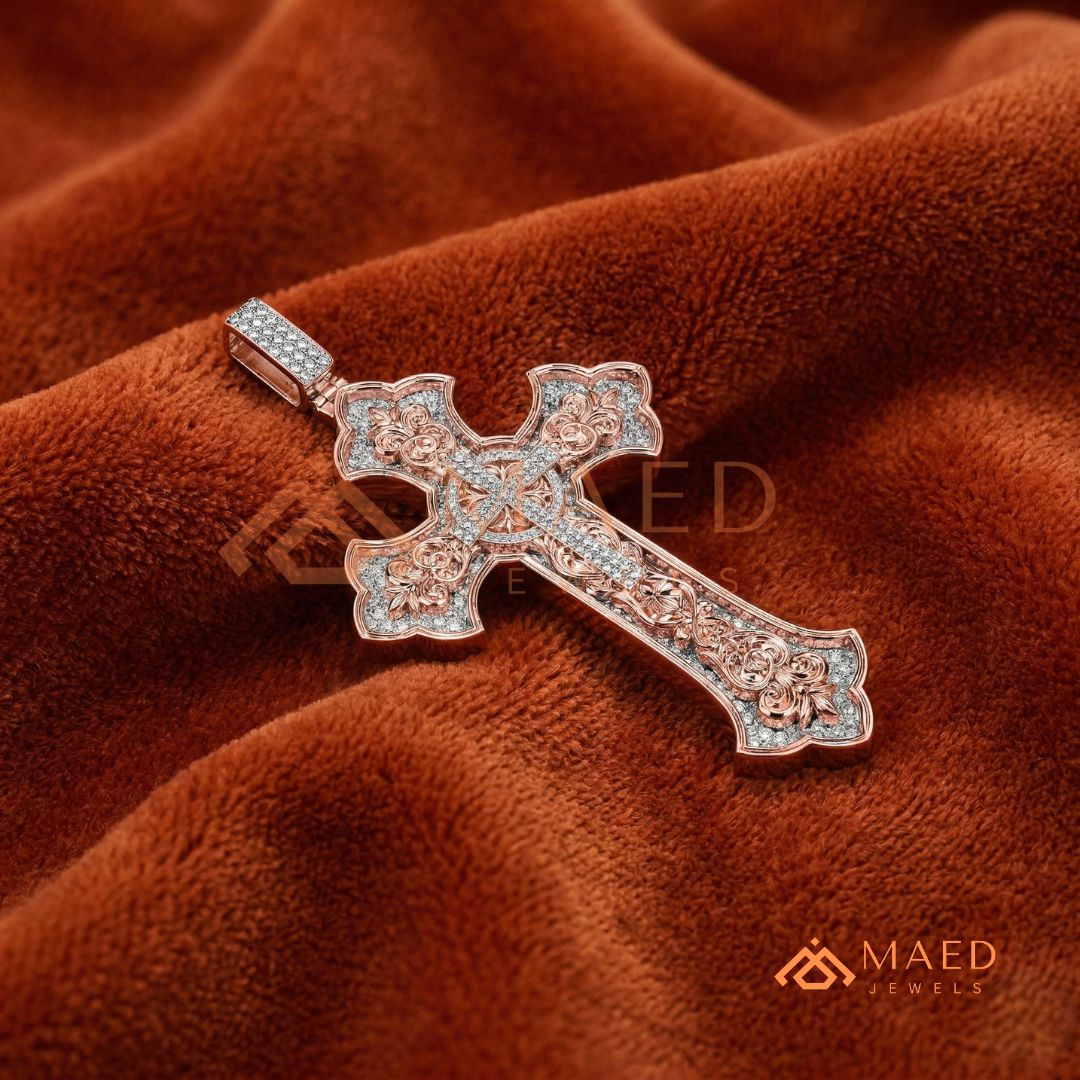 Royal Baroque Diamond Cross Statement Pendant | Silver, 14K Yellow & Rose Gold