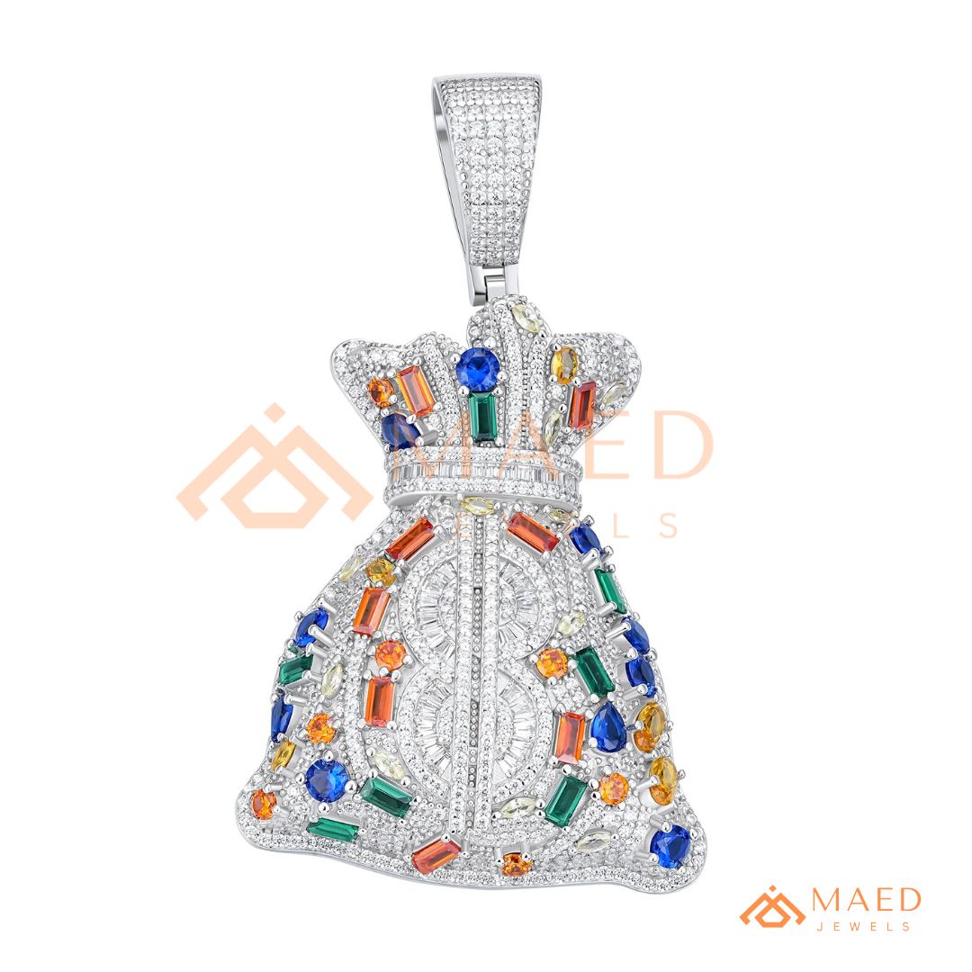 The Billionaire Sack Pendant | Multi-Color Gemstone Iced Dollar Sign Necklace