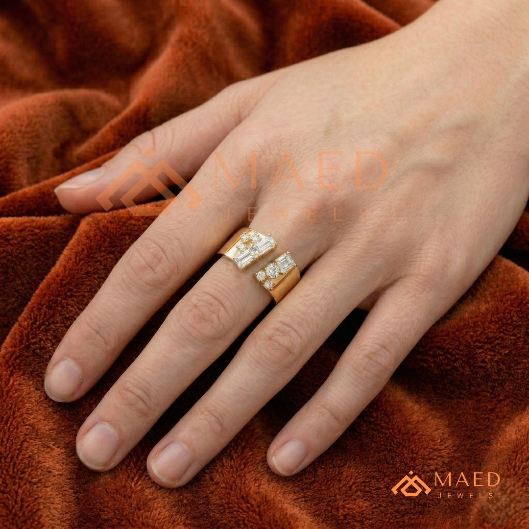 The Mosaic Wide Open Band | Baguette & Round Cluster Statement Ring