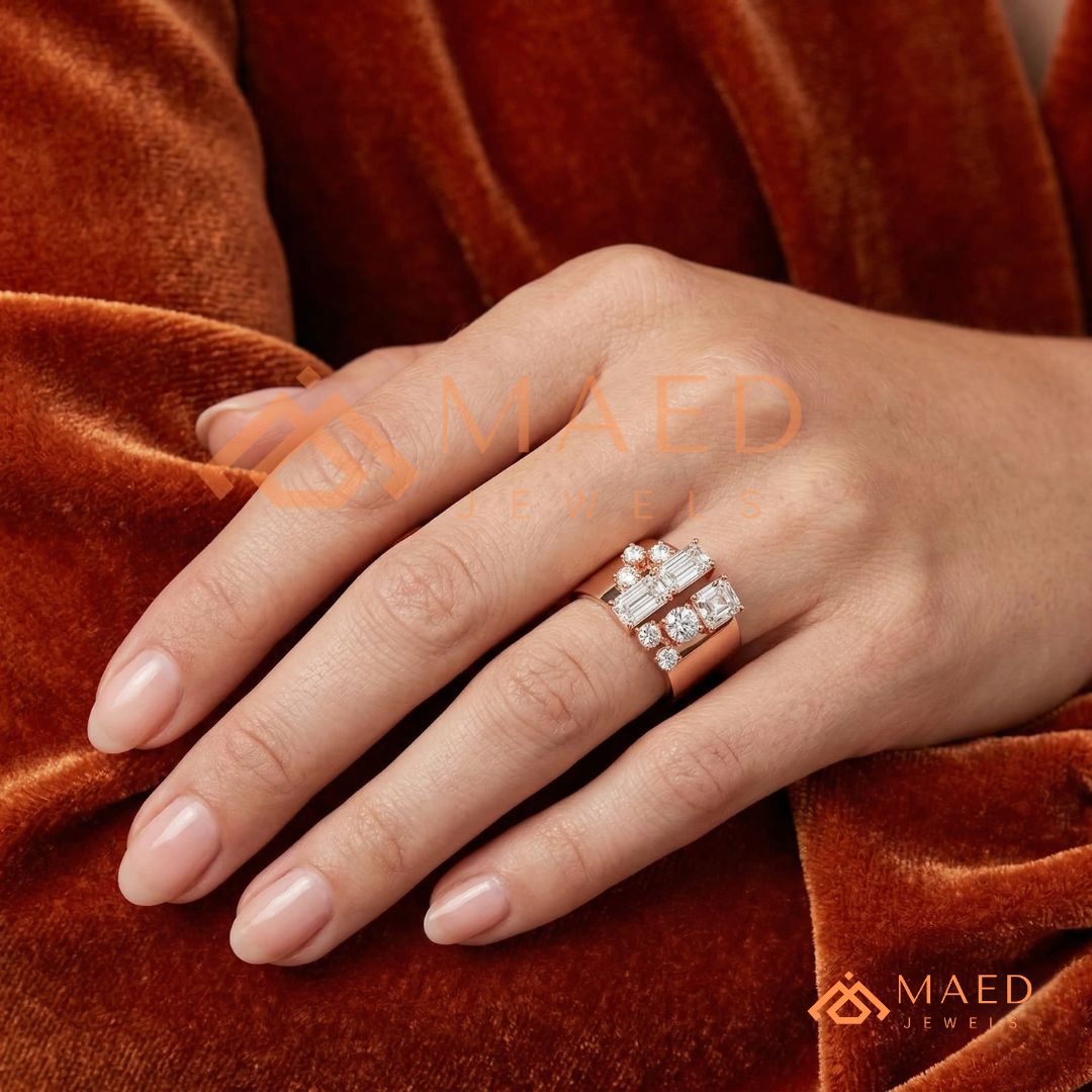The Mosaic Wide Open Band | Baguette & Round Cluster Statement Ring